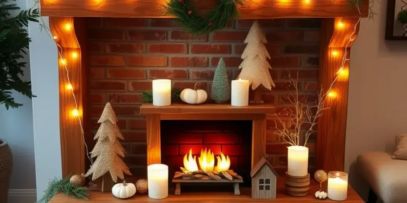 A living room featuring a faux fireplace decorated with lights and seasonal decor, creating an inviting and warm atmosphere.