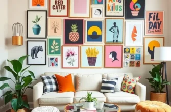 A beautifully decorated rental apartment showcasing different styles of wall art with warm lighting