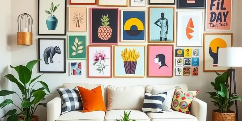 A beautifully decorated rental apartment showcasing different styles of wall art with warm lighting