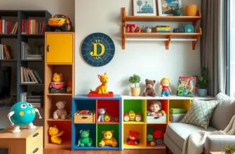 A warm and inviting rental apartment with organized toy storage and a comfortable design.