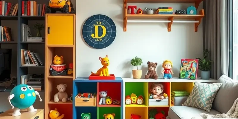 A warm and inviting rental apartment with organized toy storage and a comfortable design.