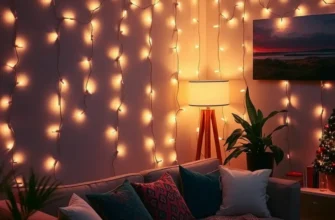 An inviting rental home showcasing various DIY lighting options including string lights and personalized lamps, creating a cozy atmosphere.