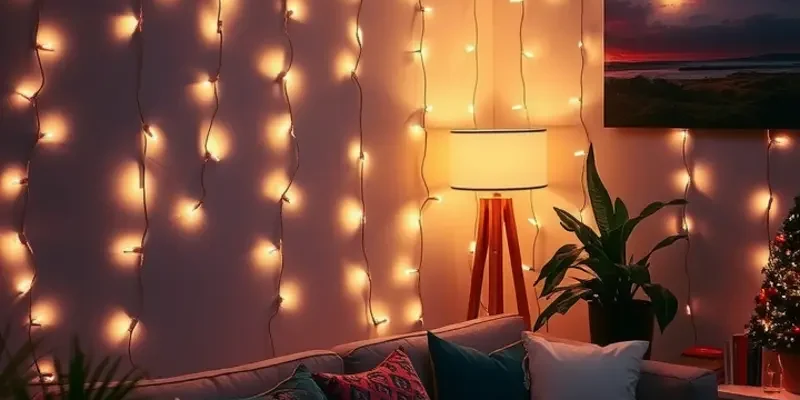 An inviting rental home showcasing various DIY lighting options including string lights and personalized lamps, creating a cozy atmosphere.