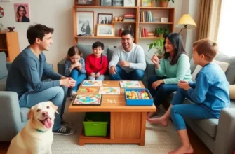 A happy family playing games in their apartment, including children and pets having fun.