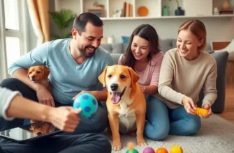 A joyful pet playing in a cozy apartment surrounded by colorful plants and toys.
