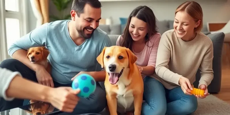 A joyful pet playing in a cozy apartment surrounded by colorful plants and toys.