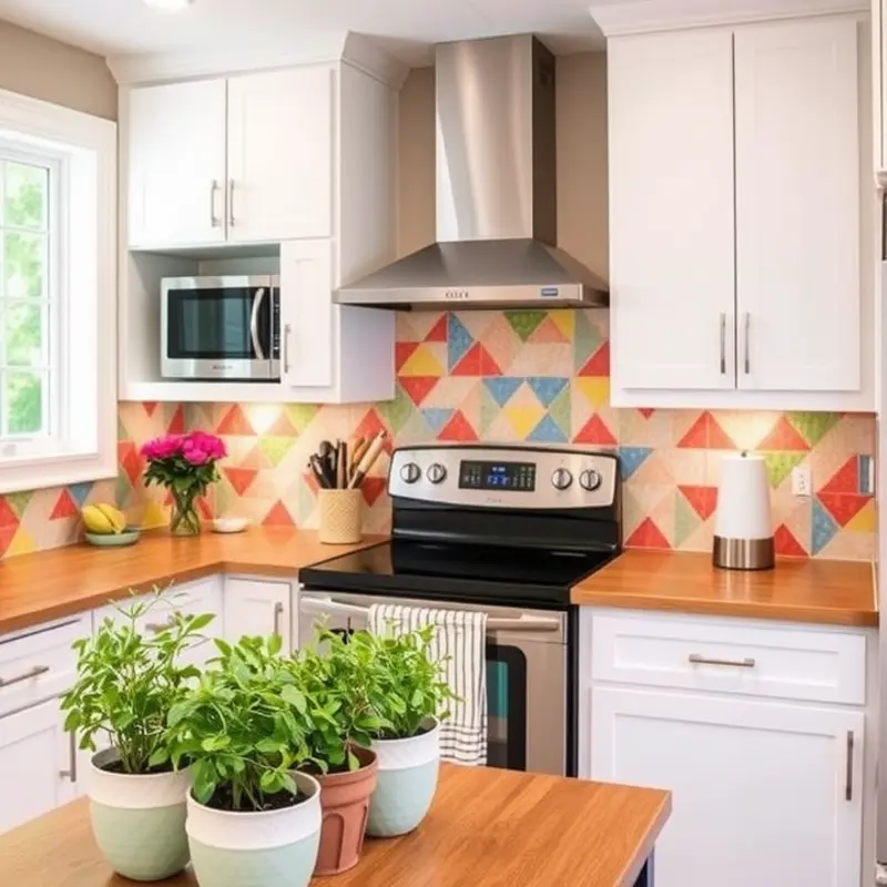 A kitchen revitalized with colorful peel and stick tiles for a fresh and inviting feel.