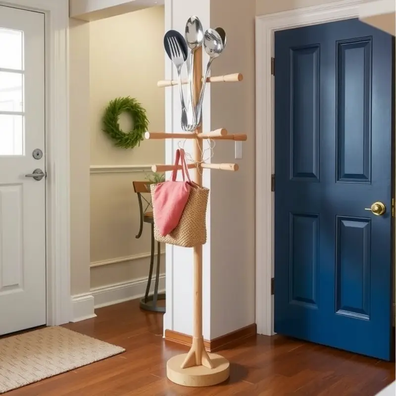 Charming coat stand created from kitchen utensils.