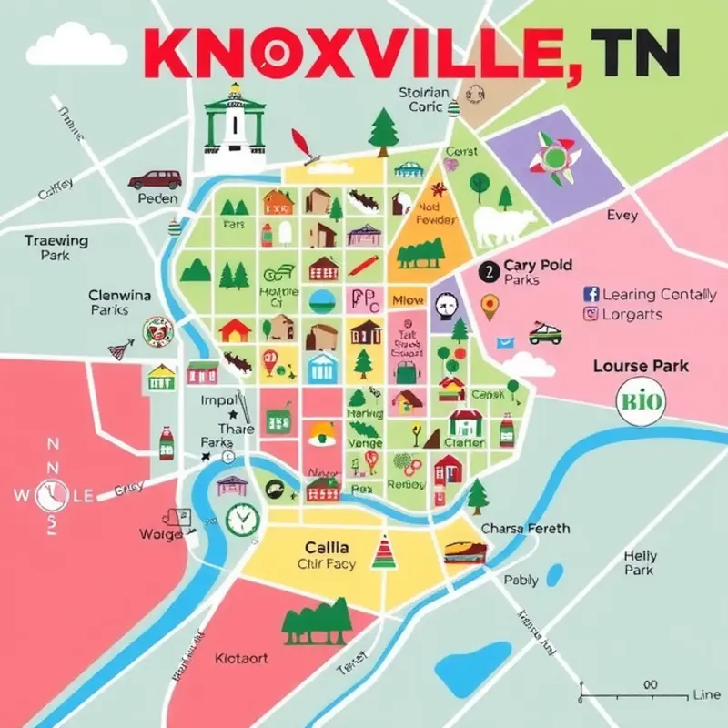 A colorful map showcasing Knoxville’s diverse neighborhoods.