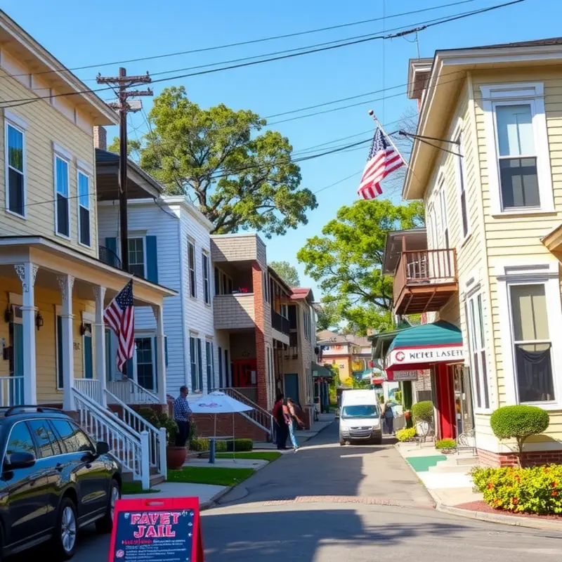 A lively street view of Lafayette captures the spirit of the community and its rental offerings.