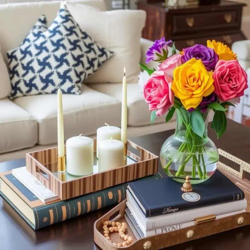 A cozy coffee table display demonstrating layered textures with books, candles, and fresh flowers.