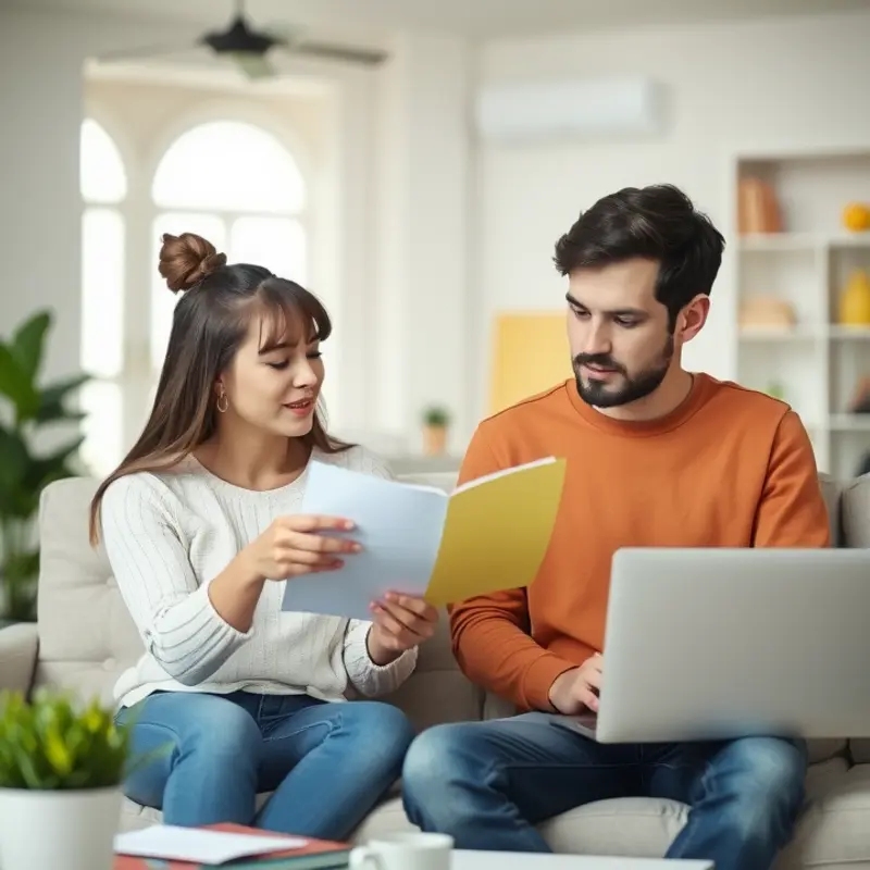 Couple reviewing their lease agreement with care.