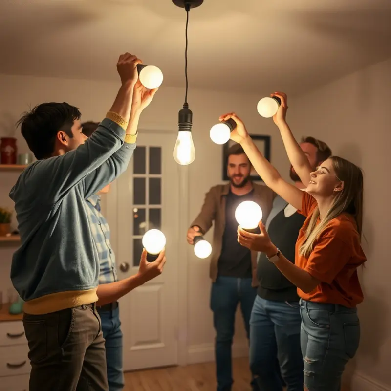 Roommates enjoying a fun time installing LED bulbs together.