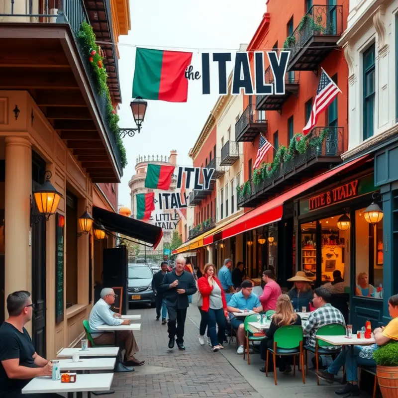 A lively street in Little Italy adorned with outdoor cafes and decorations.