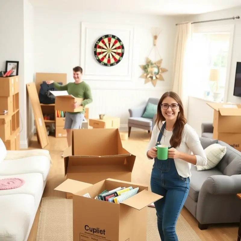 A smiling couple enjoying their decluttering journey in the living room.