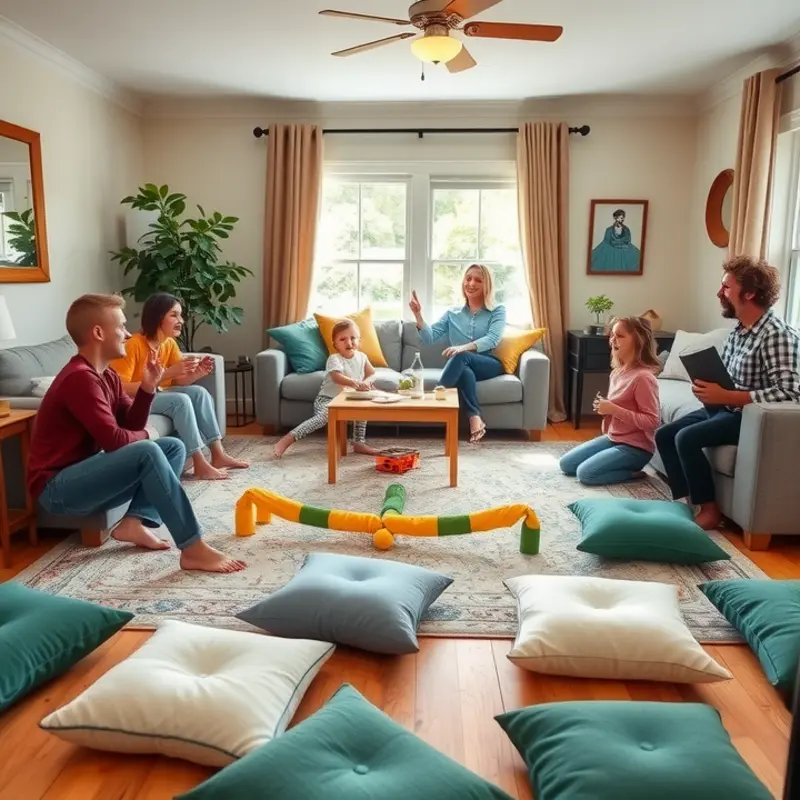 A lively living room transformed into a fun indoor games arena.