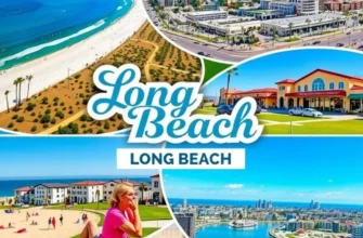Scenic view of Long Beach coastline and city skyline with people on the beach.