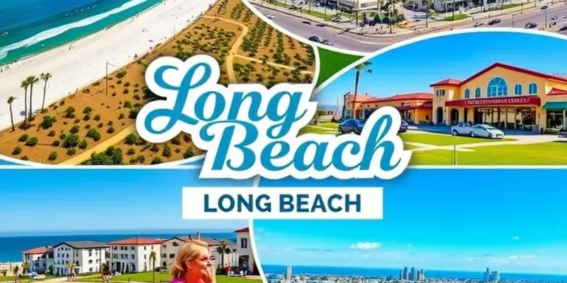 Scenic view of Long Beach coastline and city skyline with people on the beach.