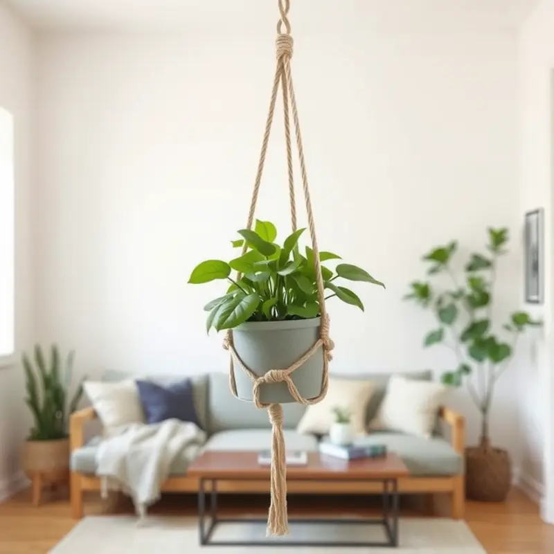 A macramé plant hanger adding a touch of bohemian style to a cozy rental living space.
