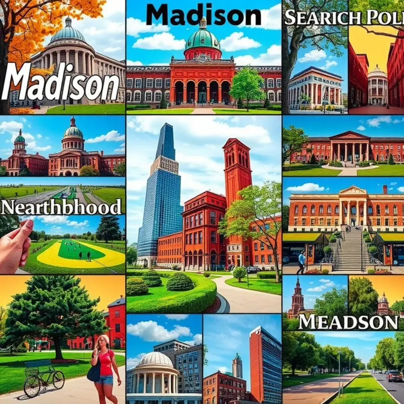 A collage of Madison’s vibrant neighborhoods showcasing local life and landmarks.