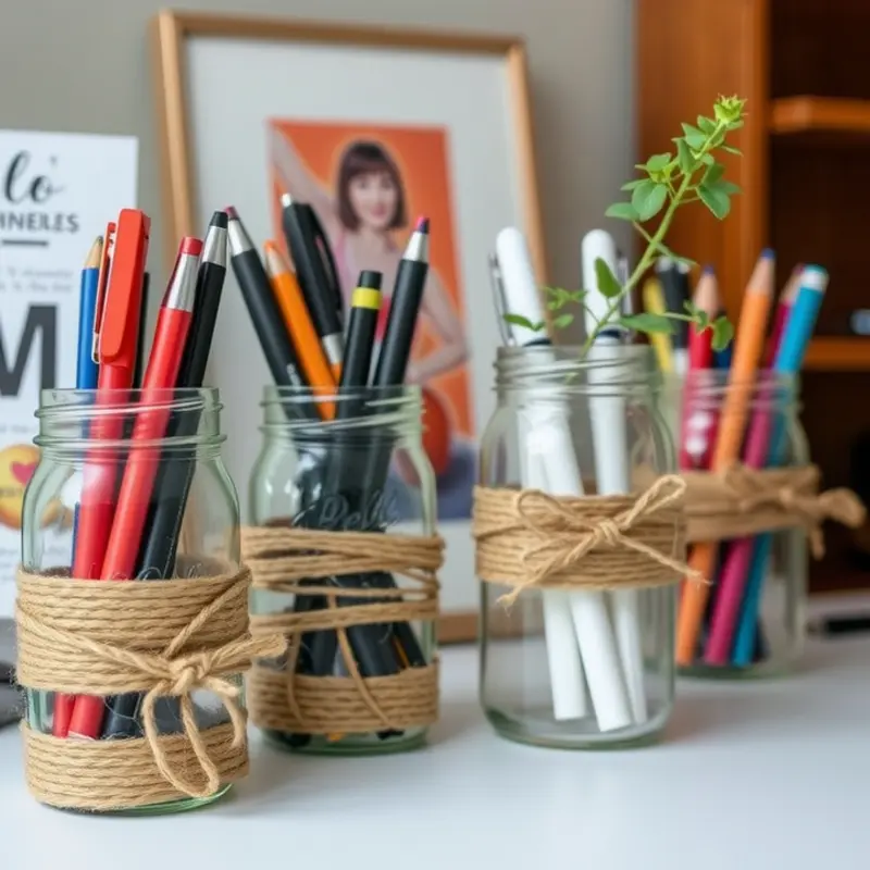 Beautifully decorated terracotta pots serving as vibrant pen holders.