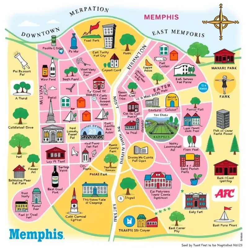 Map of Memphis neighborhoods highlighting key features.