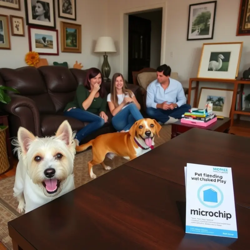 A family in a pet-friendly apartment discussing microchipping with their pets nearby.