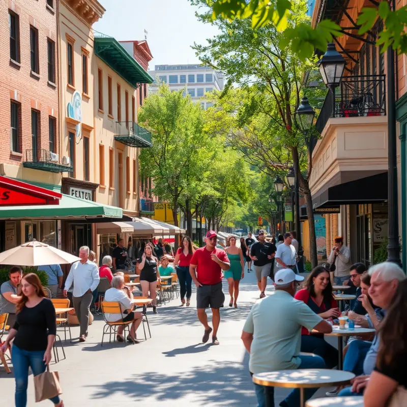 A vibrant Sacramento Midtown street with outdoor cafés and local art.