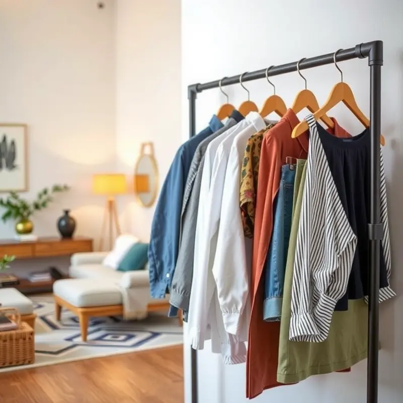 A stylish and functional minimalist garment rack in a cozy living space.