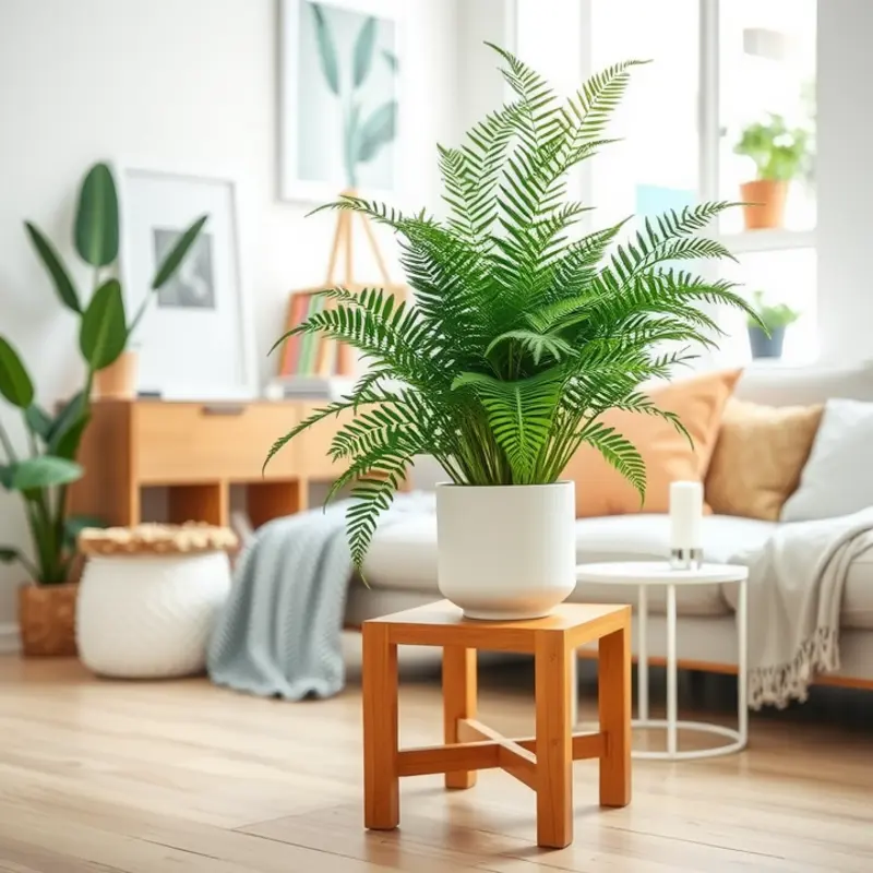 A chic minimalist plant stand enhancing the beauty of a potted fern in a modern living space.