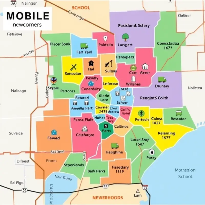 A map illustrating the diverse neighborhoods of Mobile, AL.
