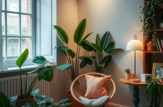 A vibrant modern apartment interior bathed in warm light, filled with plants and cozy furniture.