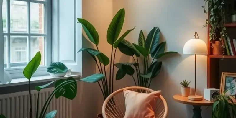 A vibrant modern apartment interior bathed in warm light, filled with plants and cozy furniture.