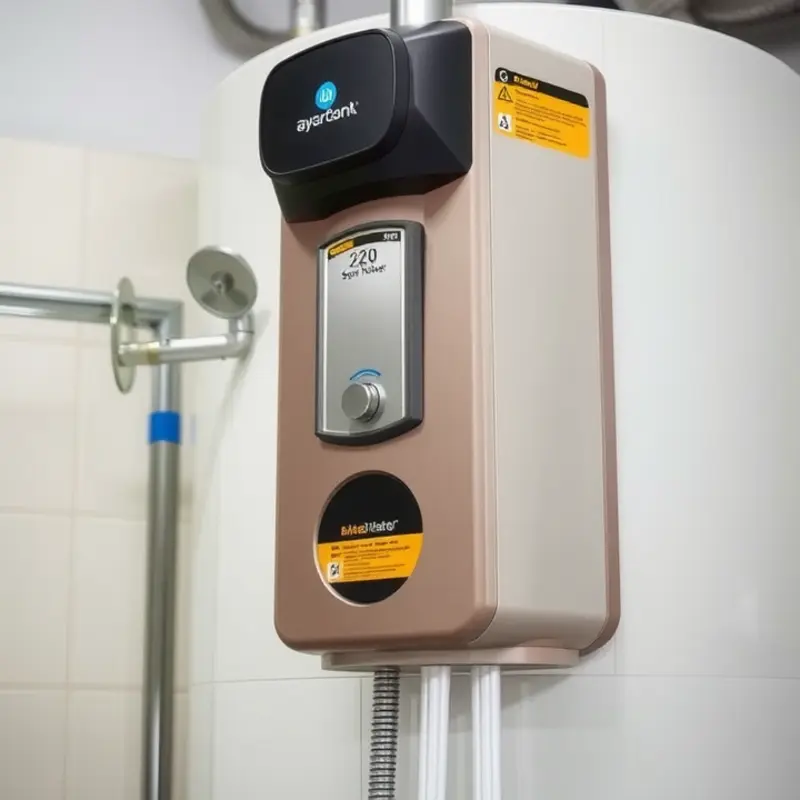 A modern apartment water heater with visible safety features.