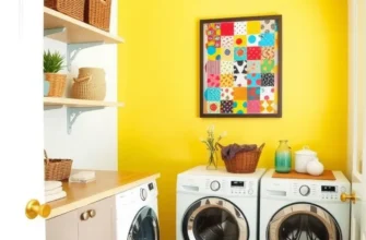 Modern laundry room with decorative elements and organized storage.