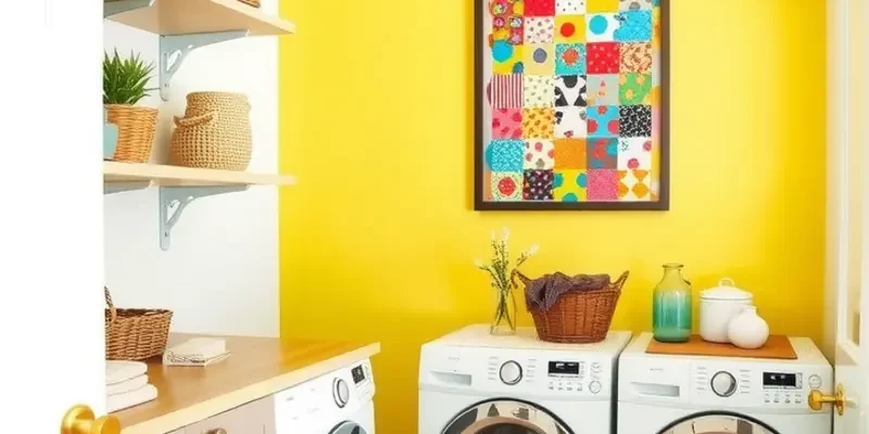 Modern laundry room with decorative elements and organized storage.