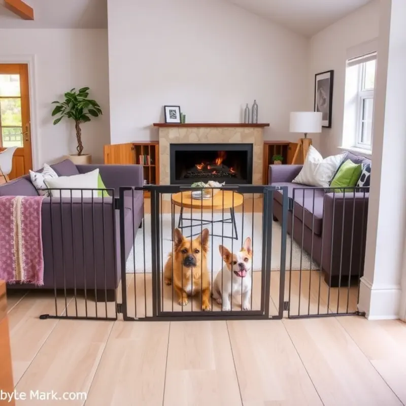 A stylish pet gate creating safe zones in an apartment.
