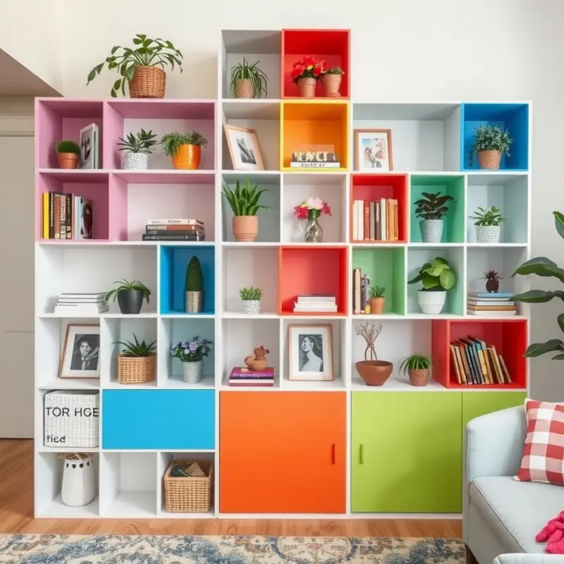 Floating shelves displaying a curated collection of books and decorative objects.