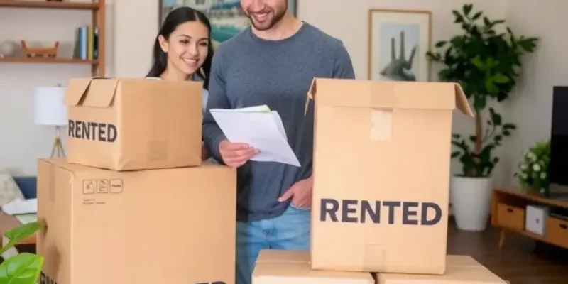Comparison of rented and purchased moving boxes displayed in a bright living room.
