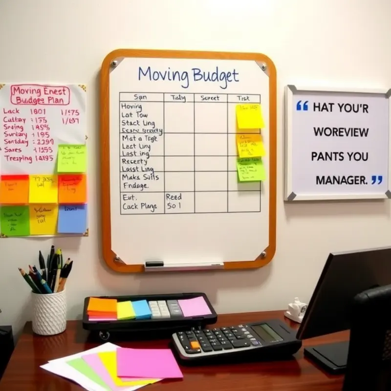 Couple calculating their moving expenses while surrounded by packing boxes.