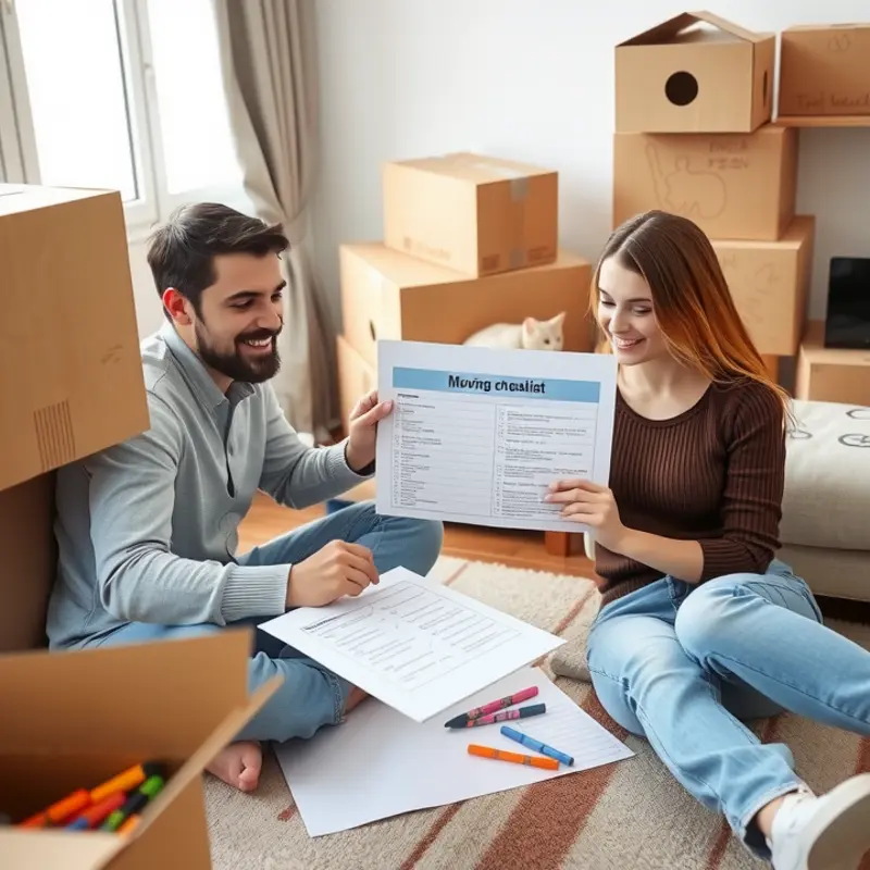 A young couple prepares for their move with a checklist.