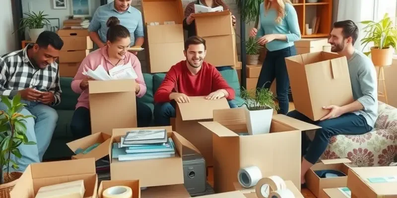 Happy couple carrying boxes into their new apartment.