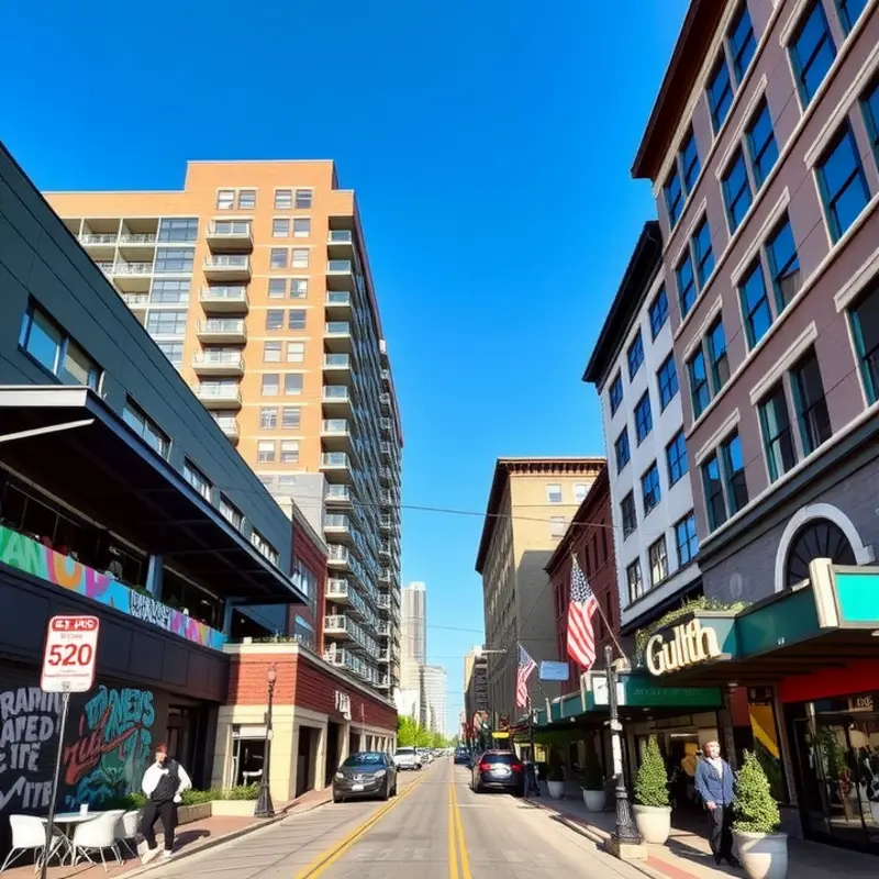 A vibrant view of the Gulch with modern amenities and lively streets.