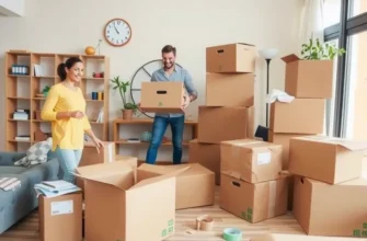 A happy family in their new living room filled with fresh furniture and decorations.