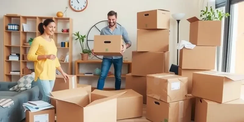 A happy family in their new living room filled with fresh furniture and decorations.