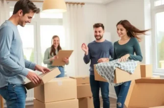 A young couple setting up their cozy new home, surrounded by unpacked boxes and laughter.