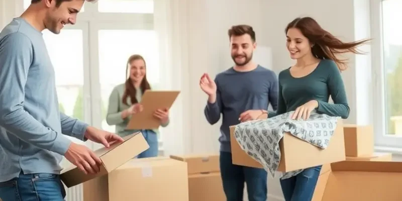 A young couple setting up their cozy new home, surrounded by unpacked boxes and laughter.