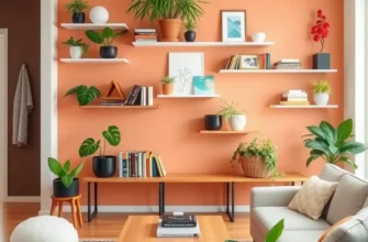 Various no-drill wall shelves decorated with books and plants in a stylish rental apartment.