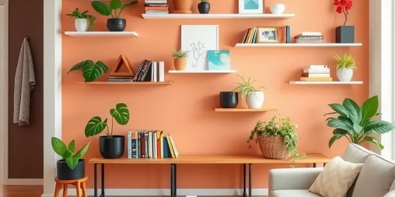 Various no-drill wall shelves decorated with books and plants in a stylish rental apartment.