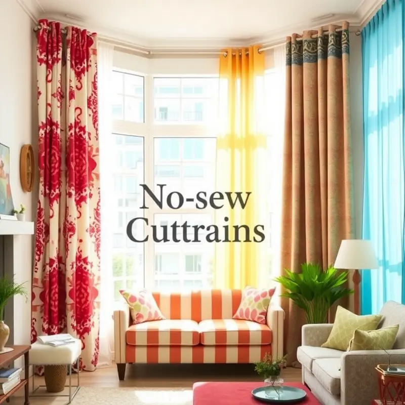 A collection of vibrant no-sew curtains enhancing a cozy living room’s ambiance.